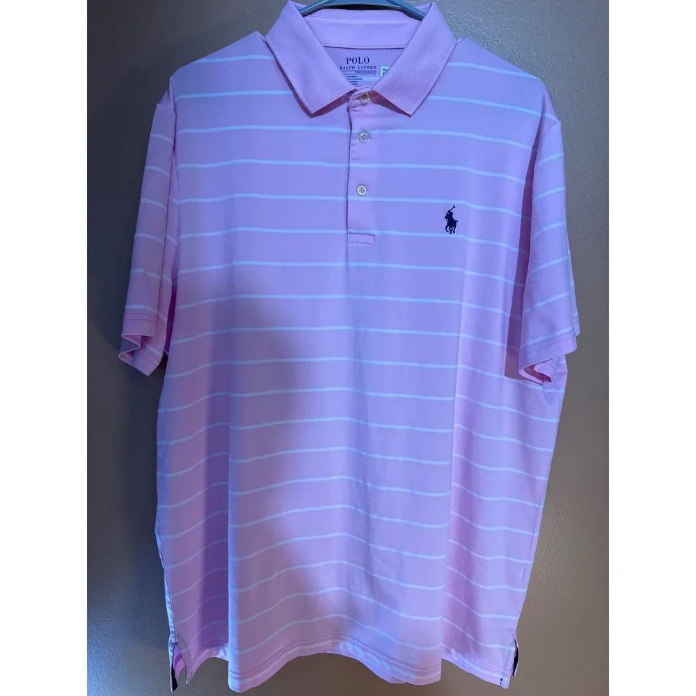 Polo Ralph Lauren Performance Pink White Striped Polo Shirt Mens Large L